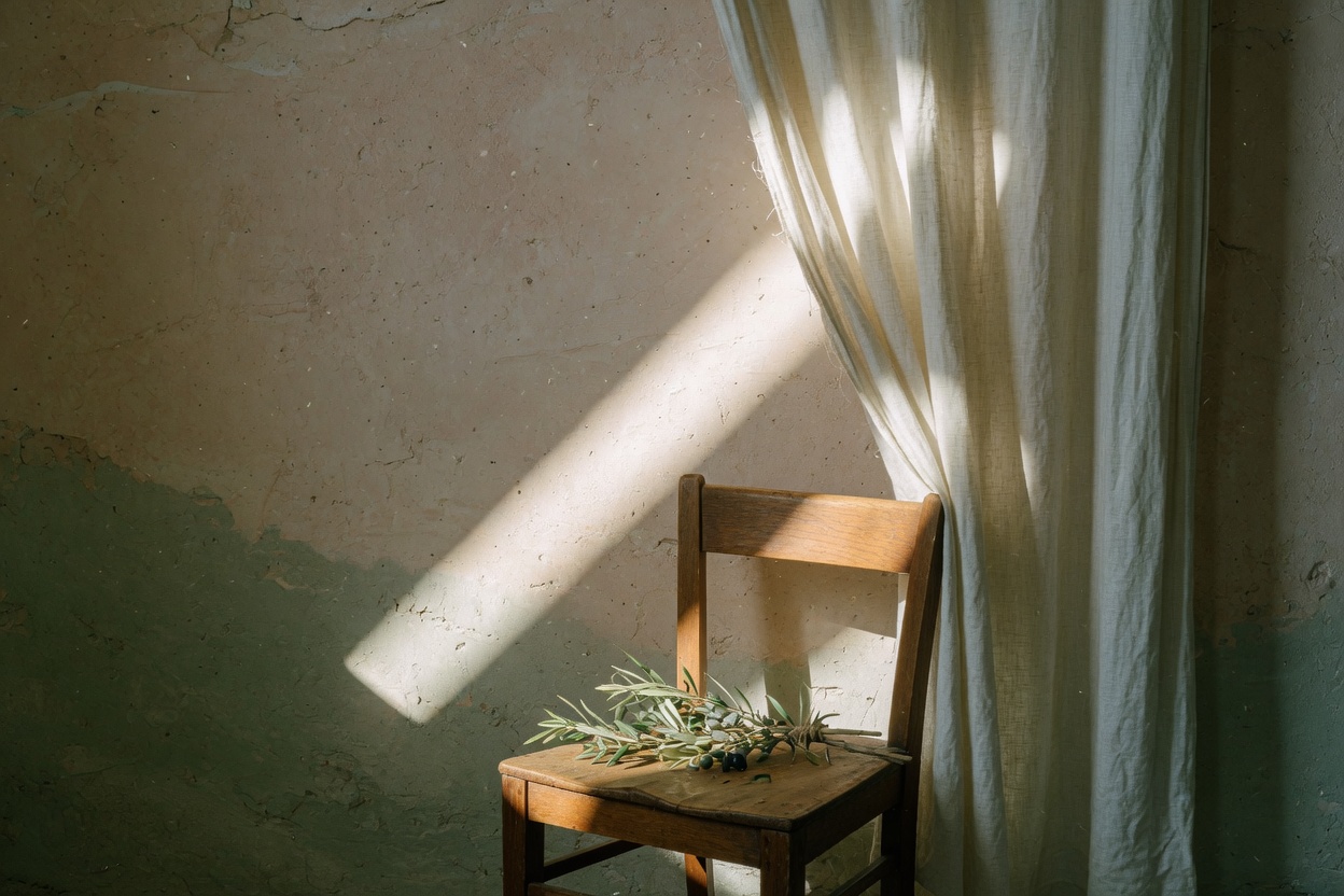 Morning light across a quiet classroom with a wooden chair.