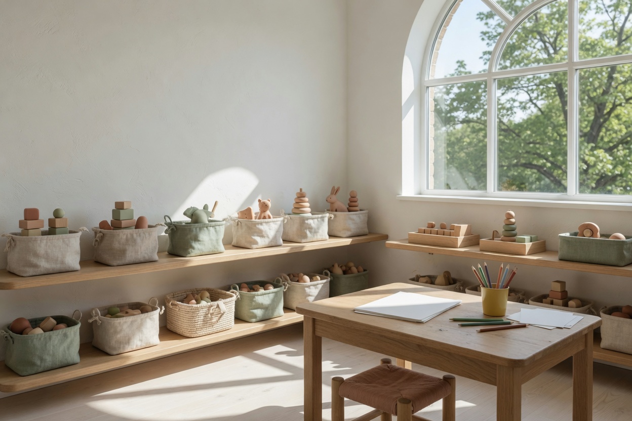 A sunlit children's room with oak shelves, linen baskets, and a small table.