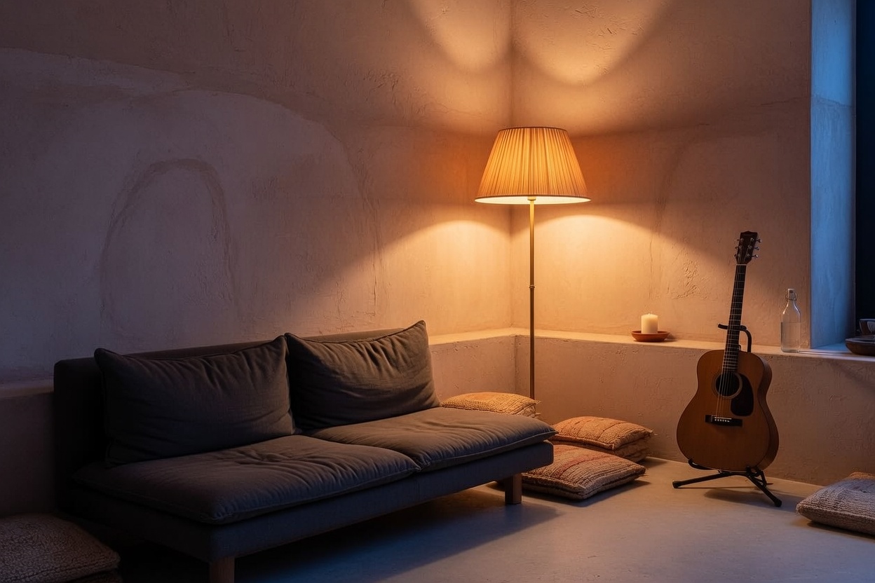 An evening lounge with a sofa, a floor lamp, and an acoustic guitar.
