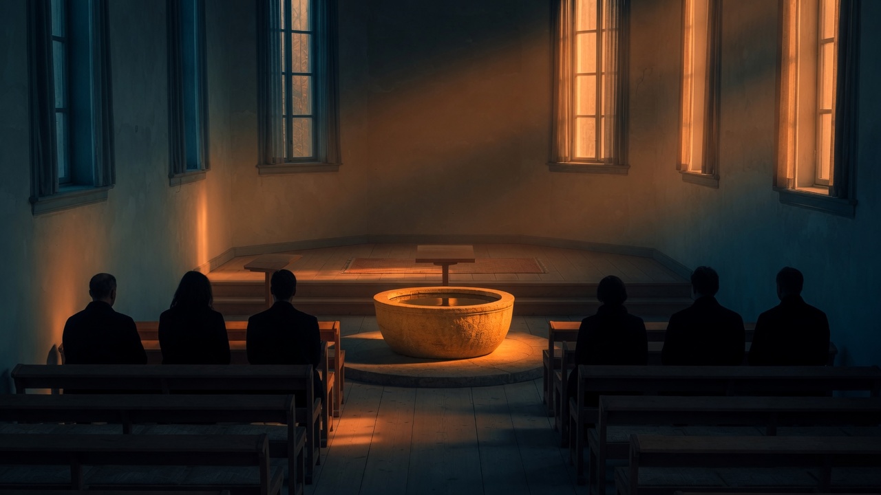 Evening light on a stone basin, with people seated in silhouette.