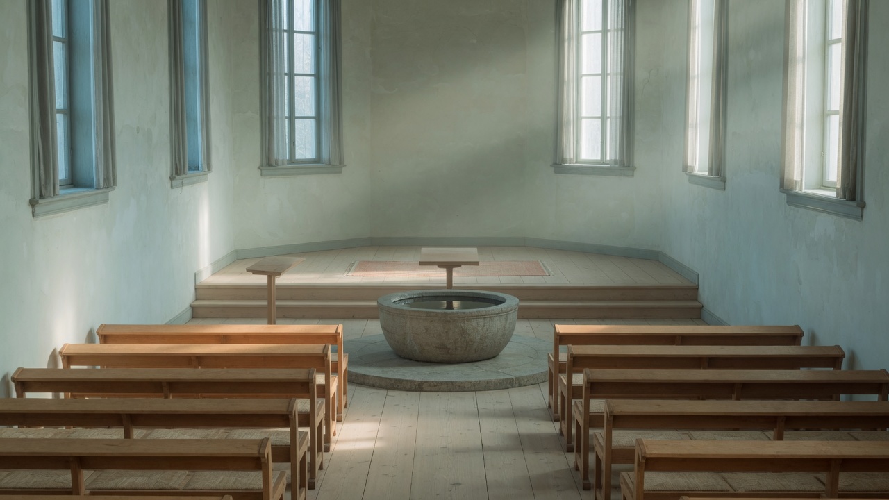 A quiet sanctuary with oak benches and a round stone basin.