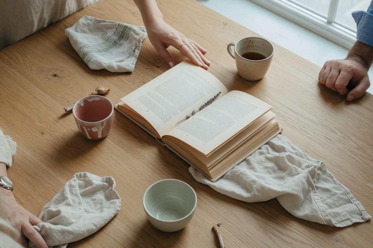 An oak table set with cups, linen, and an open book.