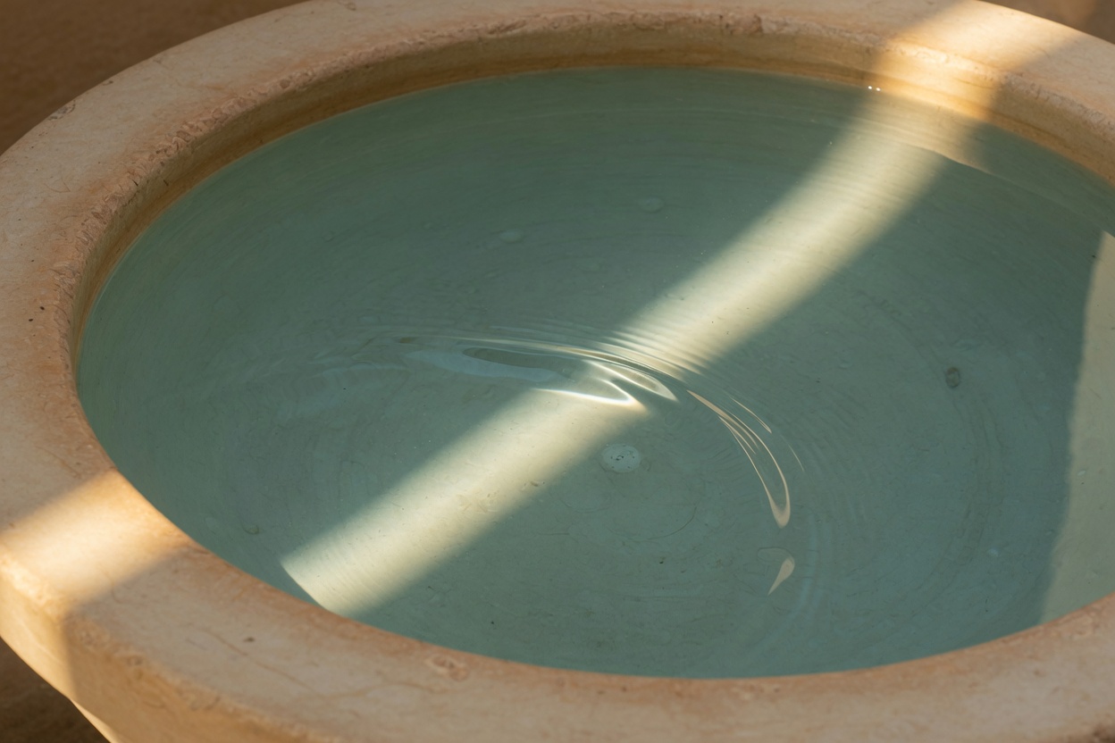 Morning light on the rippling surface of water in a stone well.